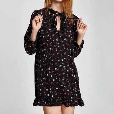 za Women european exotic foral print full sleeve floral XZ1451 pleated one-piece Dress Hot Sale Clothing vestidos | Женская одежда