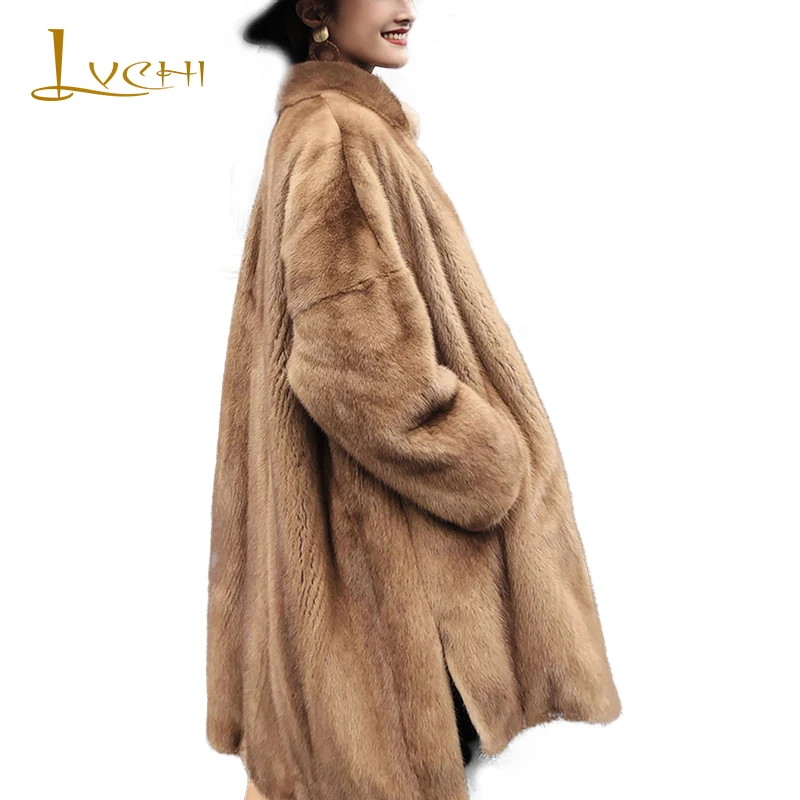 

LVCHI 2019 Winter Import Swan Velvet Mink Fur Coat Real Fur Coats Women Mandarin Collar Long Sleeve Thick X-Long Mink Fur Coats