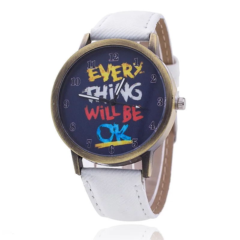 Винтажные джинсы часы для женщин кожа Everything Will Be OK модные повседневные наручные