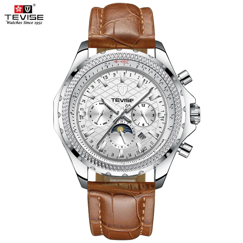 [Дропшиппинг] TEVISE Мужские автоматические часы T841B мужские часы Moon Phase Week из нержавеющей стали кожаные мужские часы Relogio Masculino - Цвет: Silver Leather
