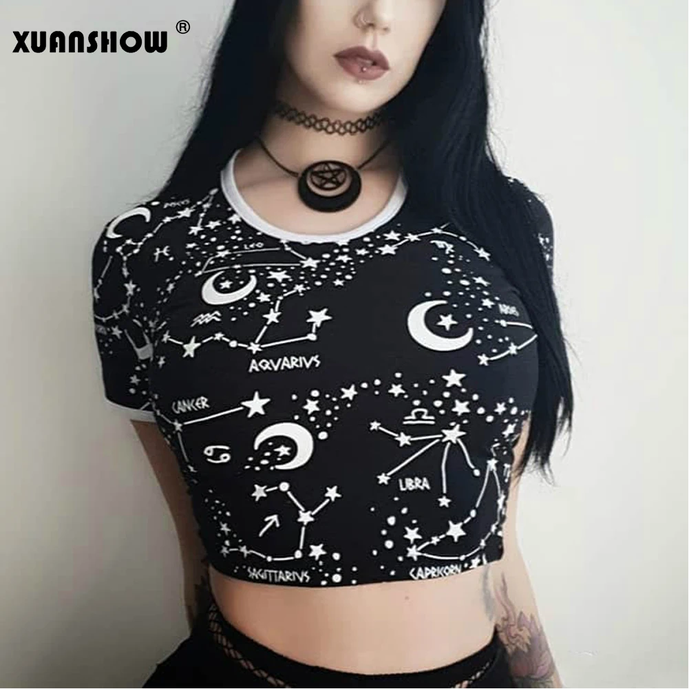 XUANSHOW/Летняя женская футболка с принтом звездного неба черный готический стиль