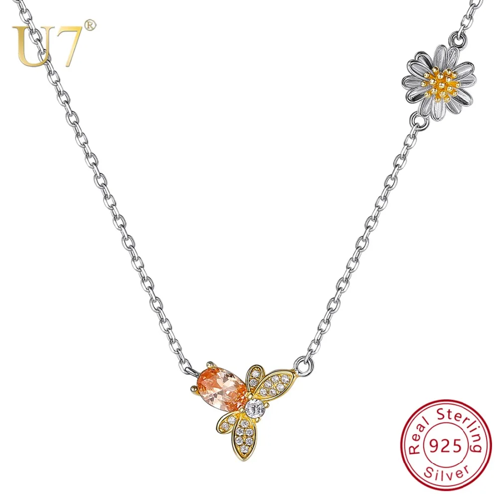 

U7 925 Sterling Silver Bee with Daisy Yellow CZ Pendant Necklaces Women Jewelry Chain Choker 2018 Christmas Birthday Gifts SC235