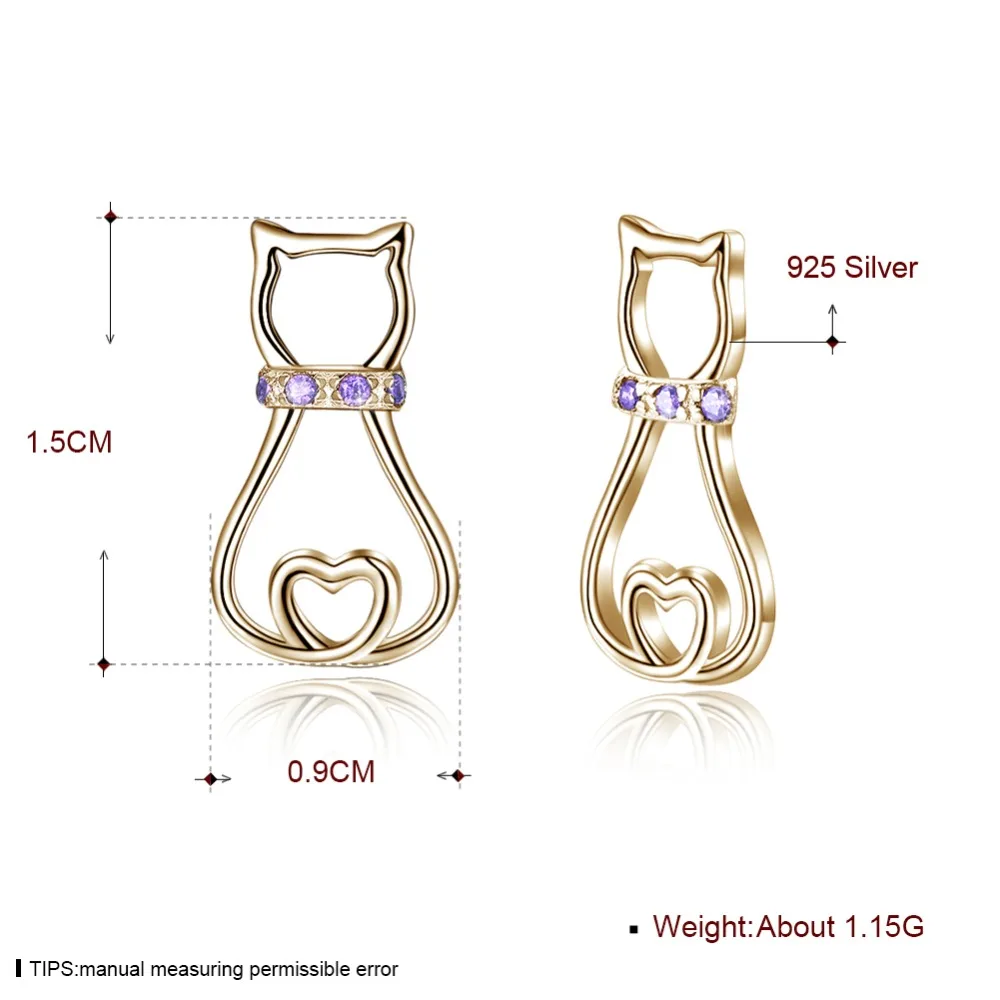 Женские серебряные серьги гвоздики в виде кошки с фиолетовым цирконом маленькие