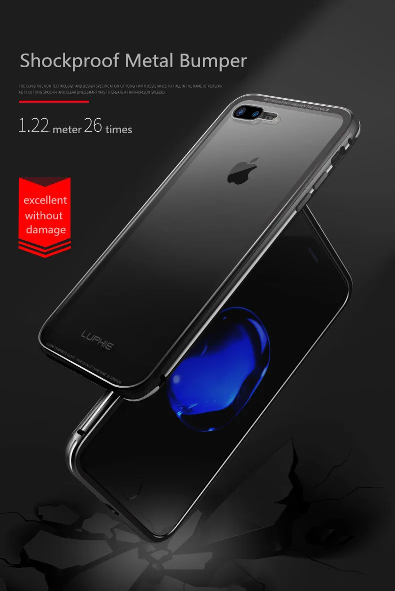 For iphone 7 8 8plus case LUPHIE Aluminum Bumper Case Plus Clear tempered glass Back Cover for 6 6S |
