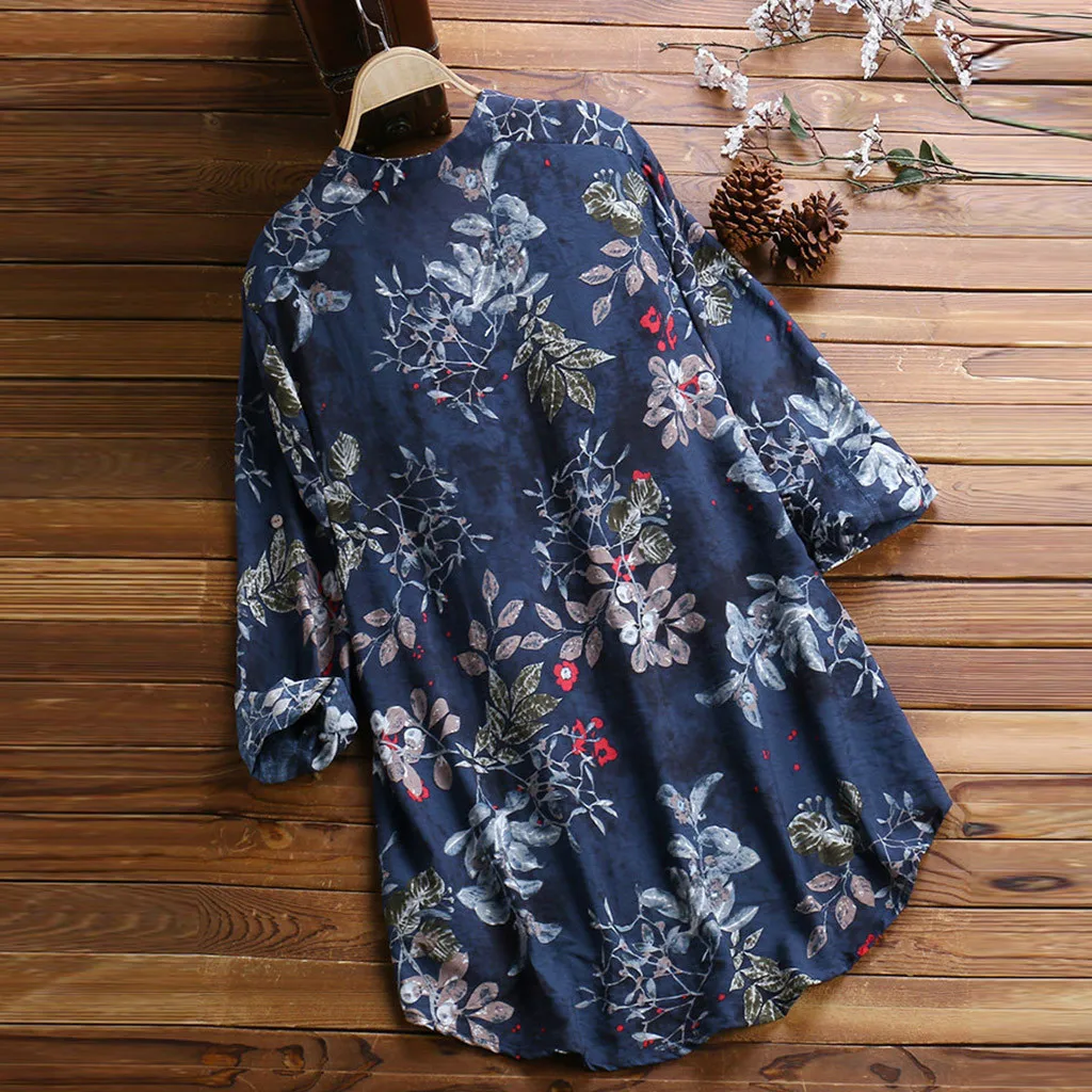 Женская Повседневная льняная футболка с коротким рукавом на пуговицах принтом