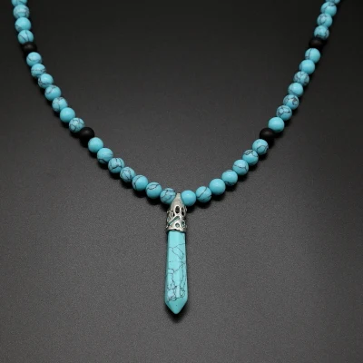 Turquoise Заживление натурального камня Кристал острый энергетическя колонна шестиугольный кулон ожерелье тигровый глаз Длинные с бусинами Йога ожерелье ювелирные изделия для мужчин - Окраска металла: Turquoise