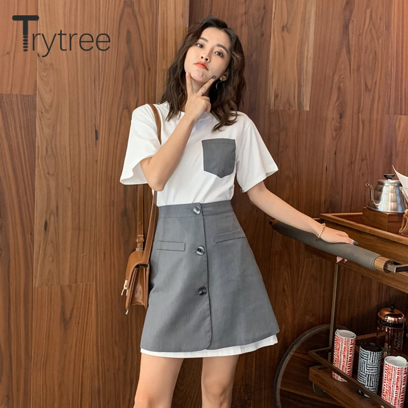 Trytree летний женский костюм из двух предметов Повседневное Однотонная футболка с