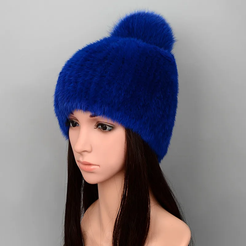 02 blue Норковая меховая шапка вязаная, головные уборы с помпоном из меха лисы зимние женские шапки натуральный мех шапки для женщин - Цвет: 02 blue