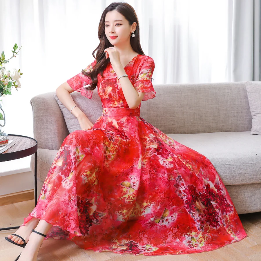 Женское шифоновое платье миди с цветочным принтом винтажное пляжное