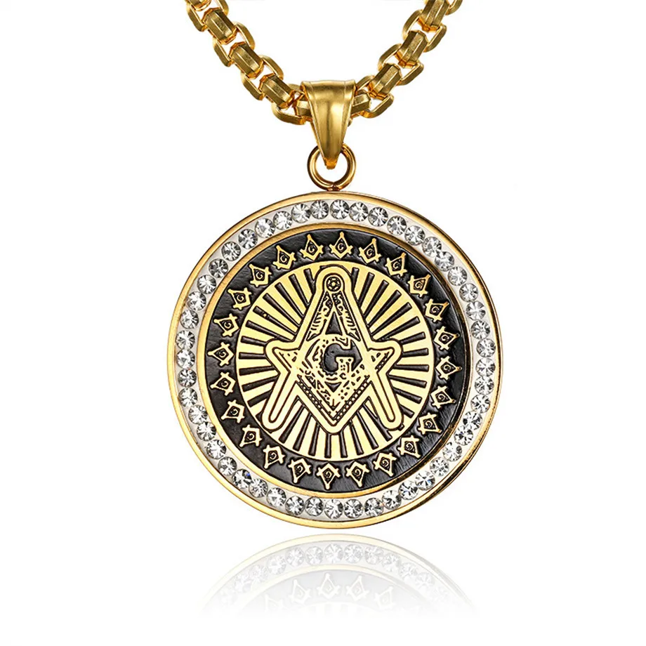 

Trendy Round All-See Eye Masonic Necklaces Pendants For Men/Women Gold Color Stainless Steel Rhinestones Iced Out Bling Jewelry