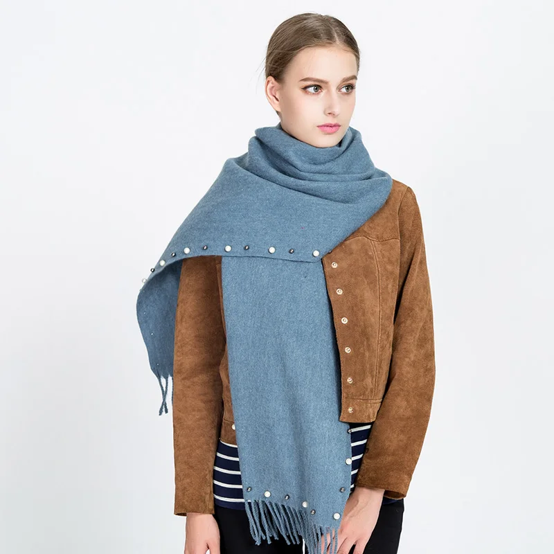 

POBING Fashion New Winter Scarf Women Pearl Decoration Solid Pashmina Soft Cashmere Scarves Wraps Female Bufandas for Wholesale