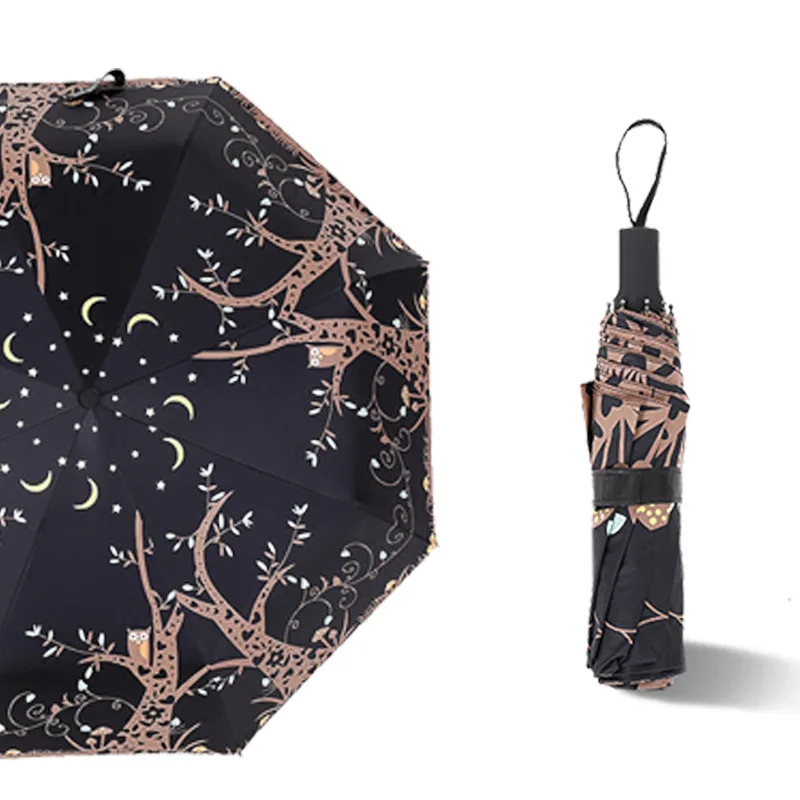 Для женщин складной Сова Автоматический зонты женский пляж анти УФ черное