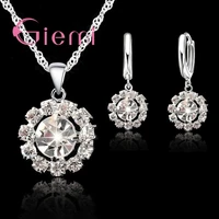 romantic flower shape jewelry set for women shiny clear aaa cubic zirconia top quality pendant necklace earrings wholesale