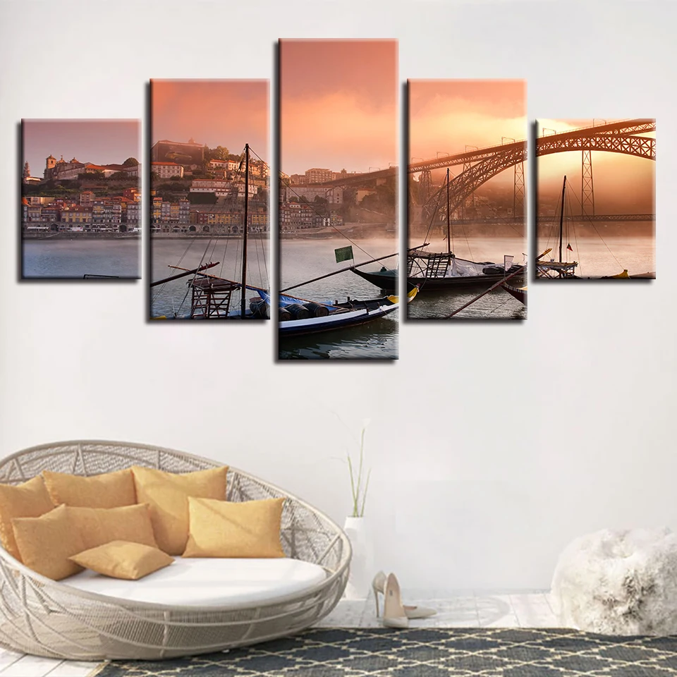 

Framework Canvas Pictures Modular Poster Wall Art 5 Pieces Iron Bridge Ship Sunset Scenery Paintings HD Prints Living Room Decor