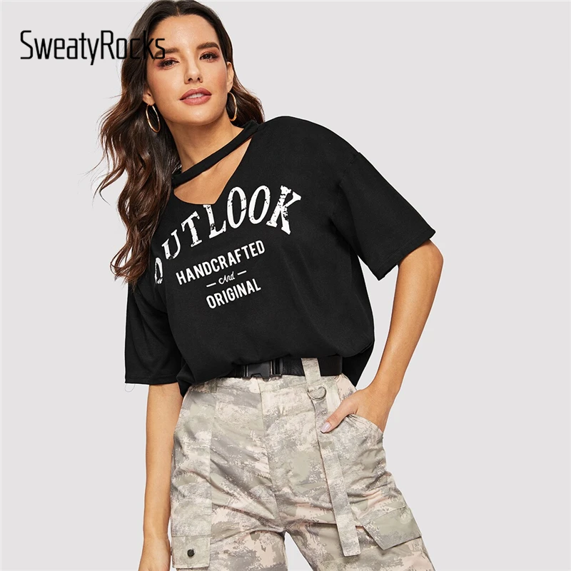 Футболка свободного кроя с v-образным вырезом и буквенным принтом SweatyRocks, уличная одежда с коротким рукавом, новинка, летние женские повседневные футболки