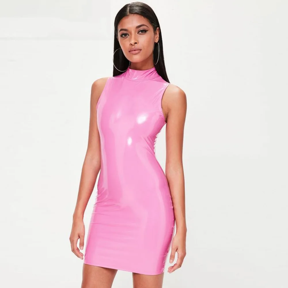 Новое модное розовое платье из искусственной кожи 2018 года сексуальные женщины яркого цвета, на молнии, без рукавов, с облегающей спинкой.