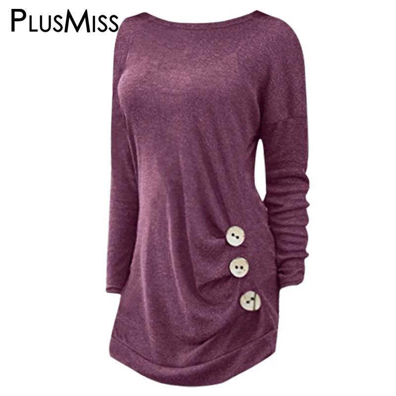 PlusMiss размера плюс 5XL боковой кнопки для девочек свободные футболки с длинным