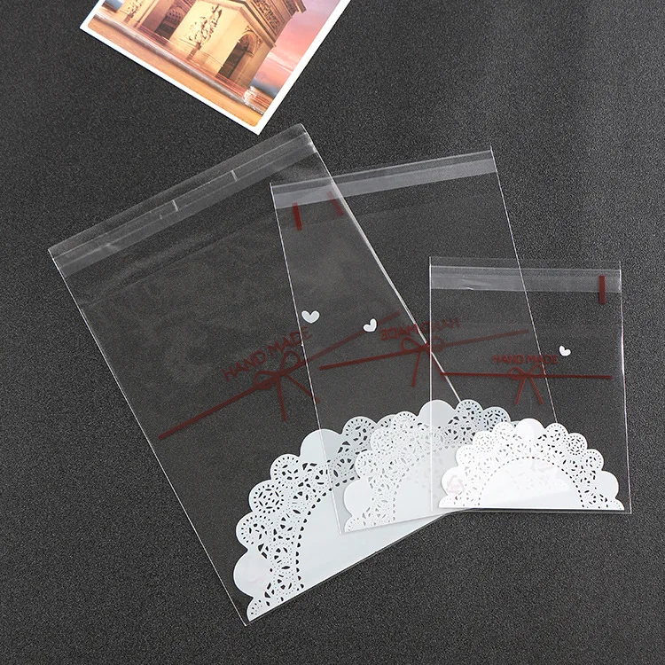 

500PCS "Handmade" Lace Bow Printing Cookie Plastic Bag for Candy Biscuit Snack OPP Food Grade Self Adhesive Bags Samples Package
