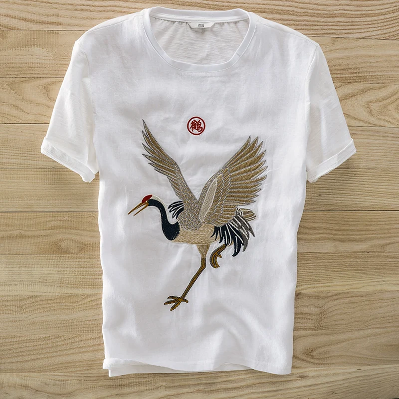 

Embroidery cotton and linen white t shirt men summer fashion t shirts for men short sleeve casual tshirt male o-neck camiseta