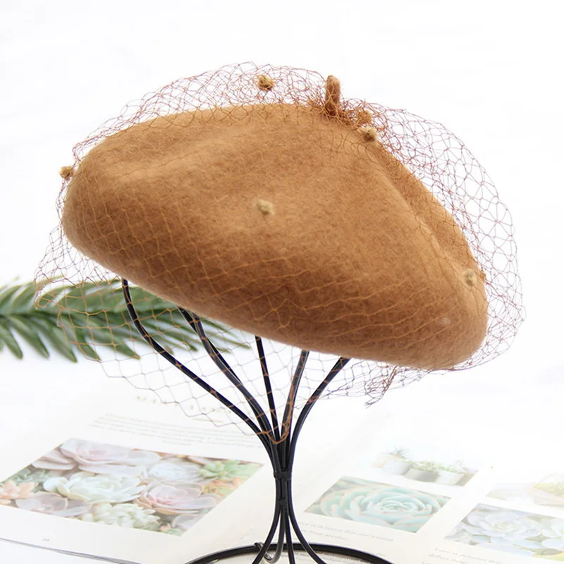 

Beret Women Mesh Camel Painter Cap Female Vintage Hats With Veil Elegant Summer Ladies Soft French Artist Hat Beret