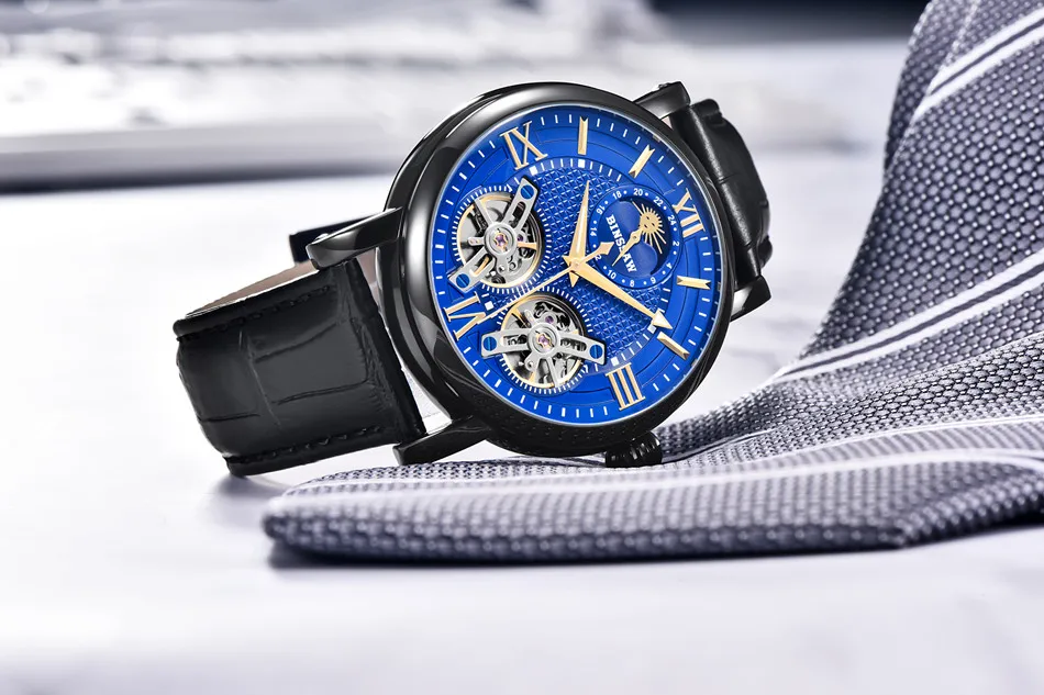 BINSSAW Tourbillon Автоматическая Механические Для мужчин часы оригинальные модные Элитный бренд кожа Бизнес часы Relógio Masculino