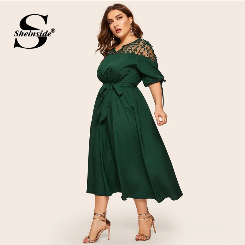 Sheinside плюс Размеры V Neck контраст Сетчатое платье Для женщин Элегантный манжеты на шнуровке длинное кружевное платье с v-образным вырезом на спине лето с рукавом до локтя миди платье