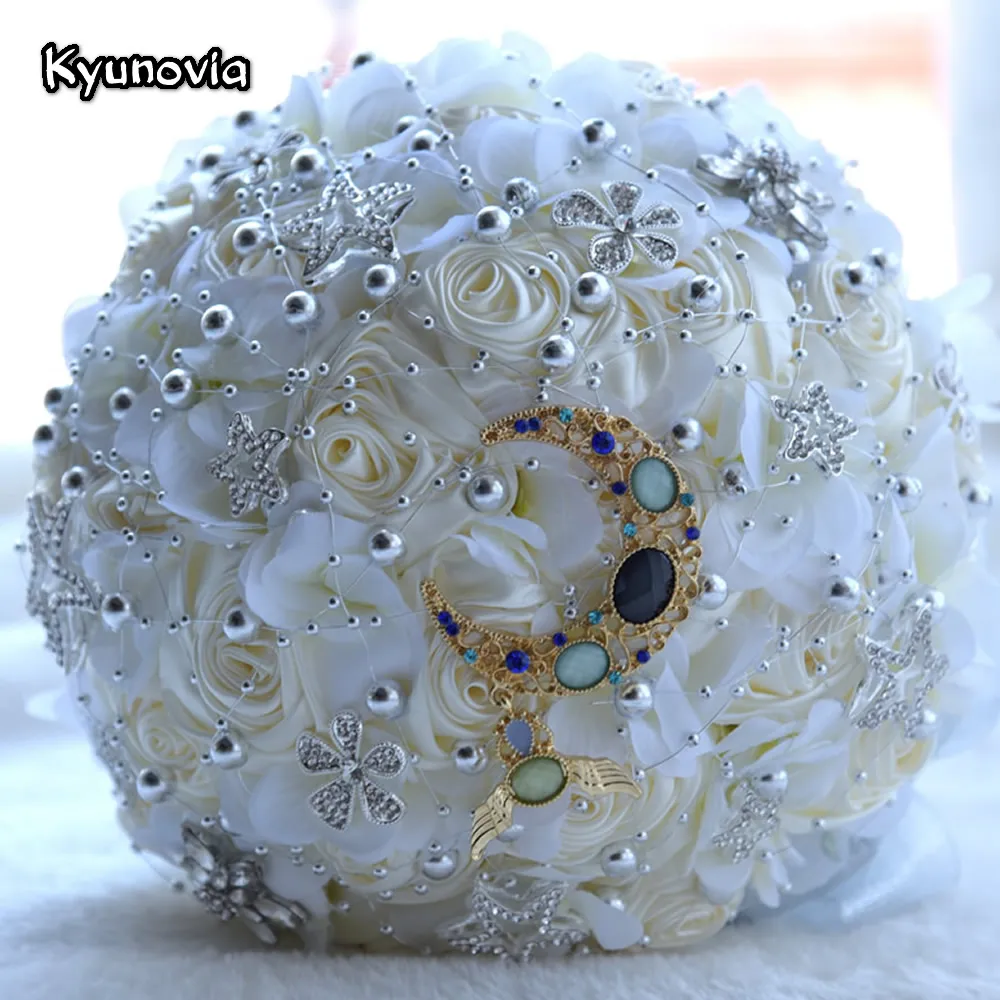 

Свадебный букет Kyunovia Фантастическая Роза, брошь в виде Луны и звезды, атласный букет невесты, бордовый Свадебный букет с бусинами FE43