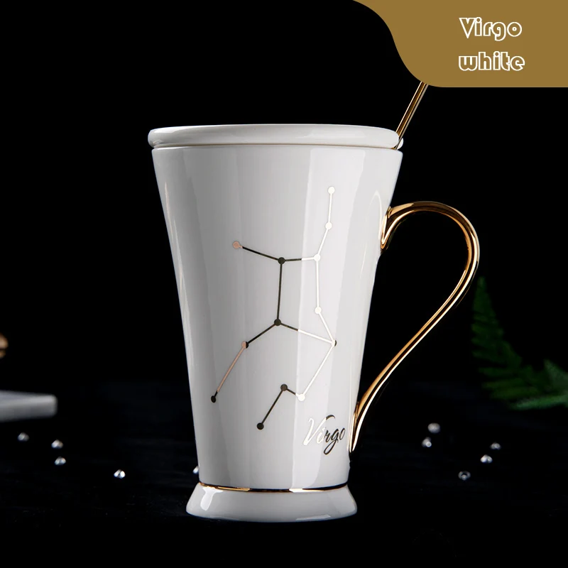 Virgo white Wourmth 12 созвездий кружки белый и золотой костяной фарфор кофе молоко кружка с ложкой из нержавеющей стали Зодиак керамическая чашка - Цвет: Virgo white