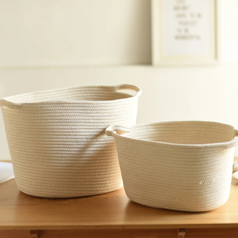 White 46x30x30CM Корзина для хранения из хлопковой веревки с ручкой большая корзина для белья и грязной одежды натуральная тканая корзина для хранения детская игрушка органайзер для мелочей - Цвет: White 46x30x30CM