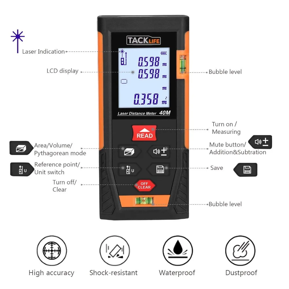 Tacklife HD40 классический лазерный измеритель 131/196Ft M/In/Ft 2 пузырьковых уровня Mute с подсветкой ЖК-дисплей и лазерный дальномер в режиме Пифагора