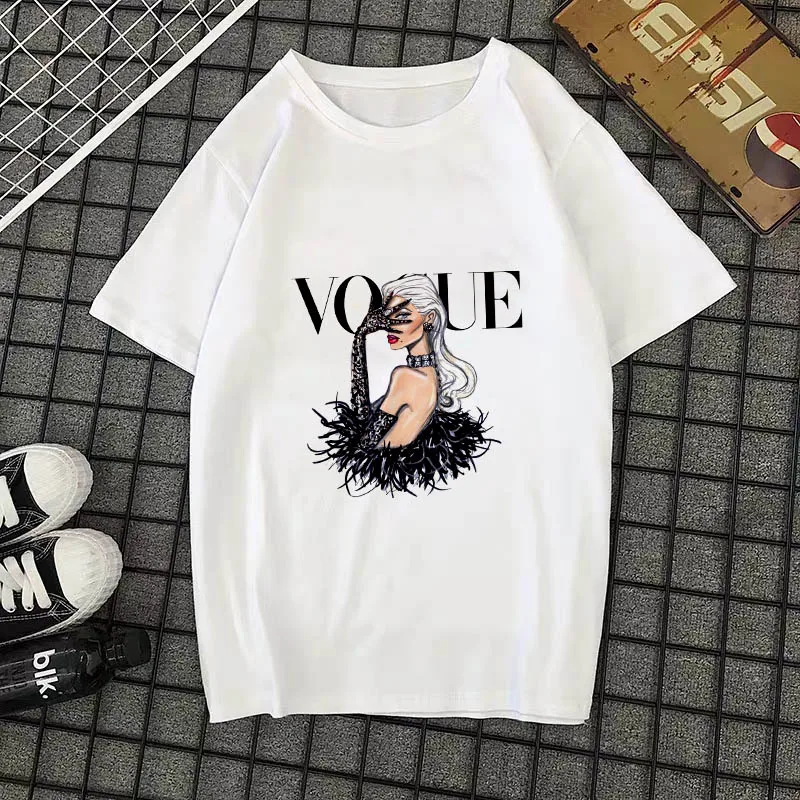Летняя Новинка, модная женская футболка, VOGUE, с буквенным принтом, Harajuku, футболка с круглым вырезом и коротким рукавом, белые топы, женская одежда
