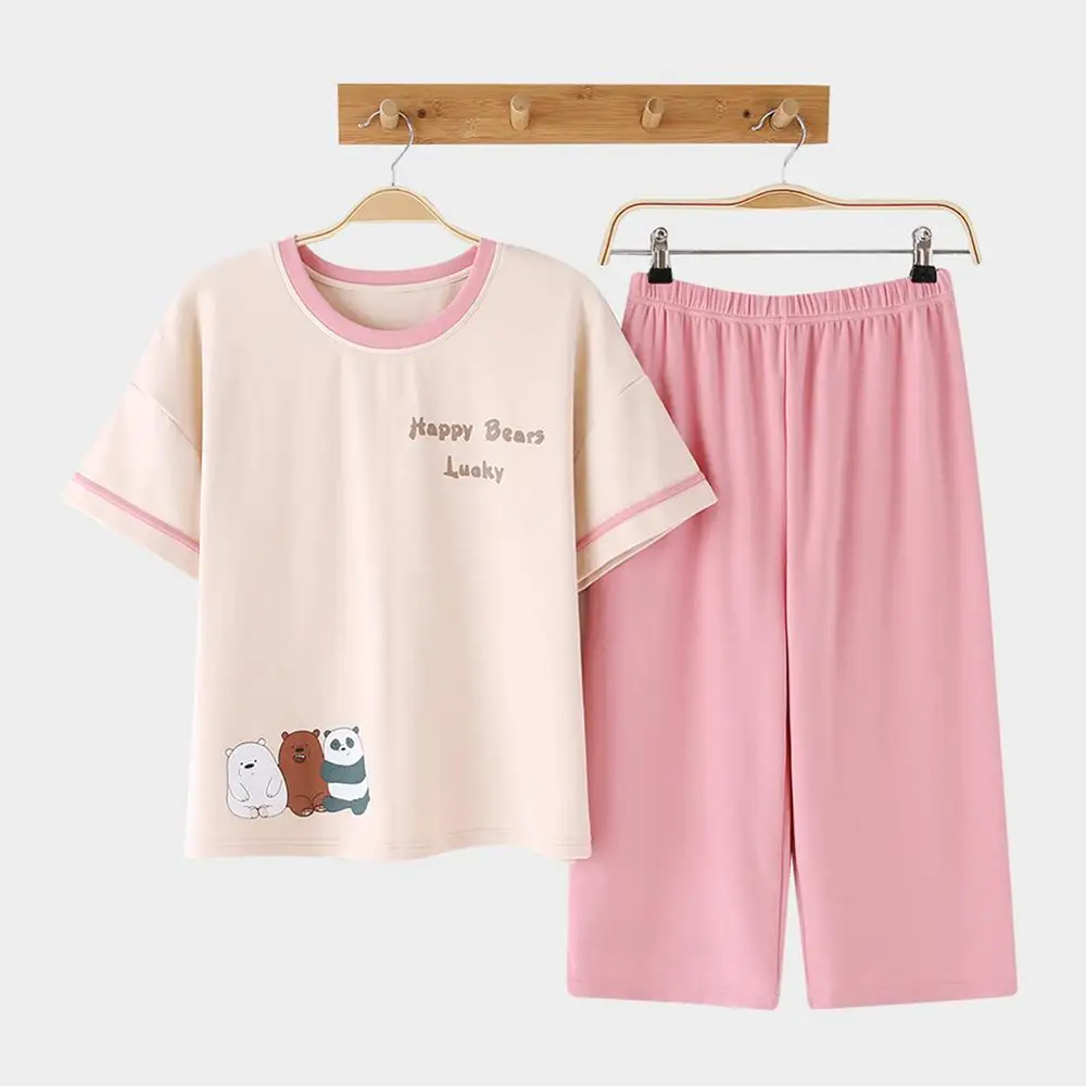 Sleepwear-Kakhi DANALA хлопковые повседневные женские пижамы, комплекты летних пижам с принтом животных, модные комплекты одежды для сна с коротким рукавом, домашние костюмы, одежда для сна для женщин - Цвет: Sleepwear-Kakhi