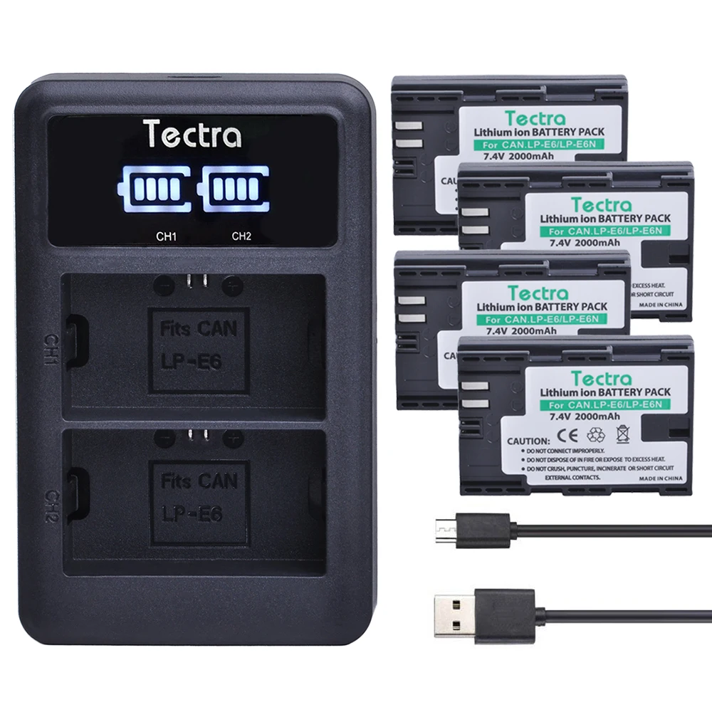 Tectra 4pcs LP-E6 LP E6 E6N цифровой аккумулятор + светодиодный дисплей USB двойное зарядное