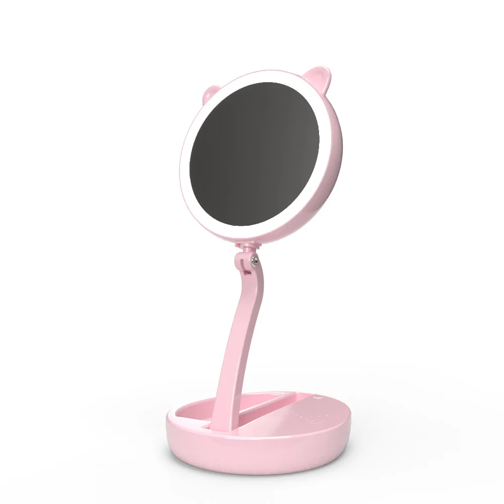 Pink Светодиодный макияж зеркало USB/батарея питание 5X Двухсторонее складное косметическое Беспроводное зарядное устройство для телефона макияж туалетный столик - Испускаемый цвет: Pink