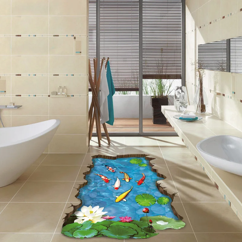 3D наклейки на пол в виде лотоса пруда золотых рыбок большого размера ПВХ материал