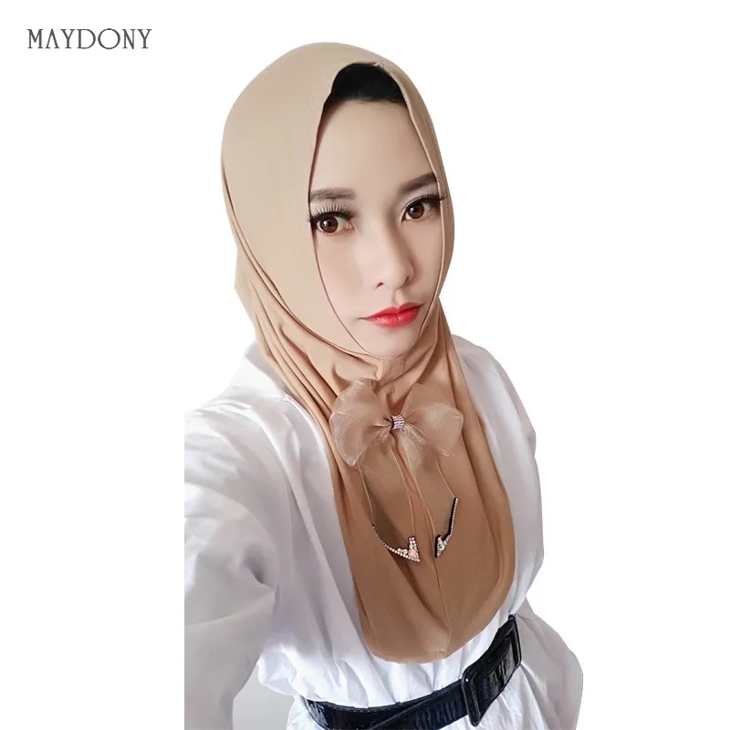 

TJ77 Muslim Hijab Easy Wear Bow Tie Hijab Scarf Long Elastic Muslim Scarves Fashion Wrap Muslim Hijabs For Women