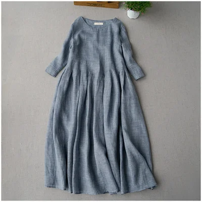 Blue gray Летние женские повседневные свободные размера плюс японский стиль Короткие фея Мори девушки тонкие платья из ткани рами - Цвет: Blue gray