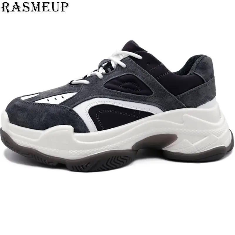 RASMEUP/женские кроссовки из натуральной кожи; коллекция года; сезон весна; модная женская обувь на высокой платформе; Винтажная обувь на толстой подошве для Пап - Цвет: dark grey