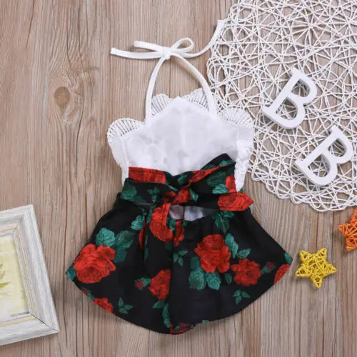 

Summer 0-3Y Infant Baby Girl Romper Sleeveless Belt Lace Flowers Print Jumpsuit Sunsuit Outfits Clothes