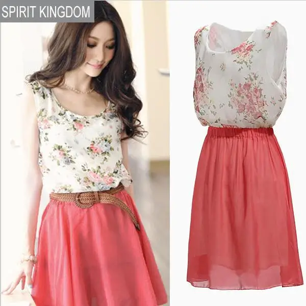 Chiffon Sundress Women Flower Sleeveless Mini Jumper Dress Pink lovely women summer dresses | Женская одежда