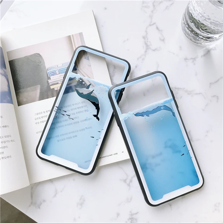 Милый синий кит чехол для телефона для iphone X чехол s для iphone XR XS Max 6 6S 7 8 Plus жесткое стекло прозрачный полный защитный чехол