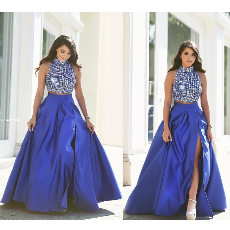 Формальные королевские синие атласные юбки с высоким разрезом Бальные длиной до