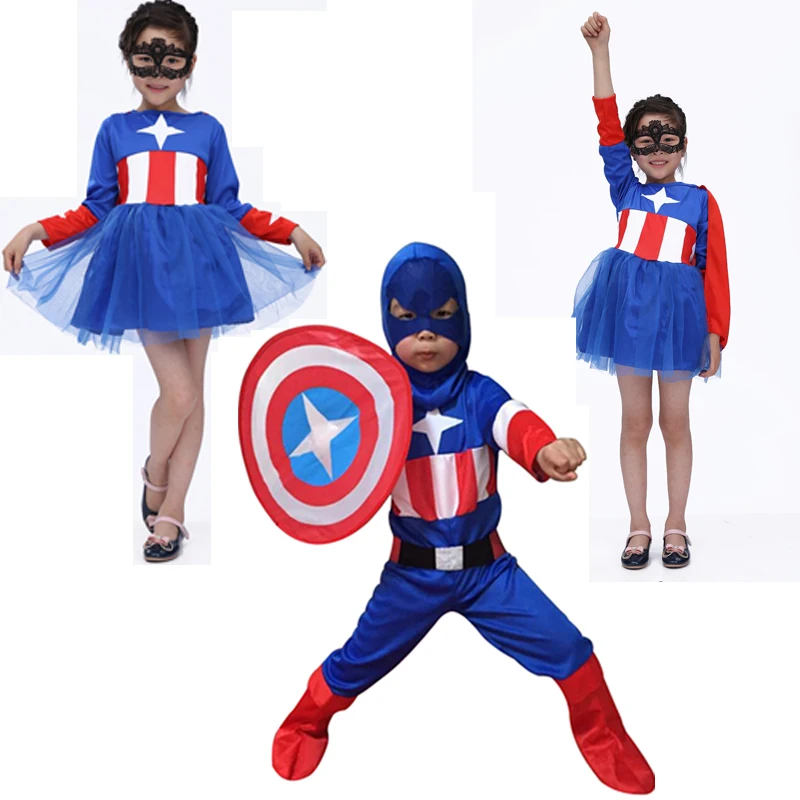 Free shipping 2016 Halloween children's clothing for girls Captain America Suit Set Cosplay Children's Day performance |