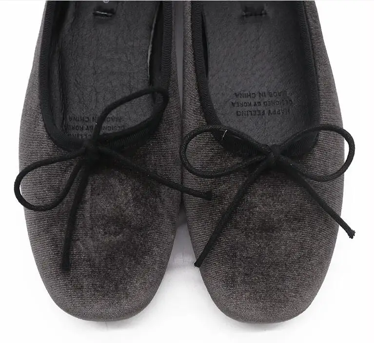 dark gray velvet Бархатные/шелковые/блестящие балетки на плоской подошве с квадратным носком; женские мокасины с бантом; mujer; блестящий гладкий валец; обувь для девочек на толстой подошве - Цвет: dark gray velvet