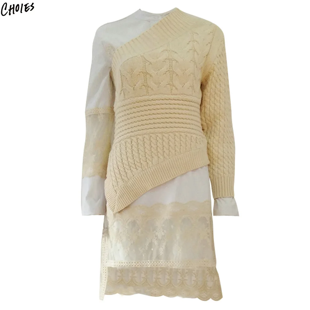 Beige One Shoulder Asymmetric Hem Cable Knitted Sweater Women Brand Fashion Irregular Neck High Street Novelty Top | Женская одежда