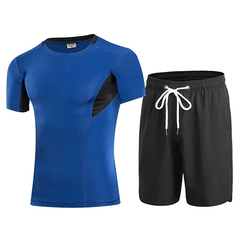 topBblue pant black Летний для мужчин's комплект для бега тренажерный зал фитнес-плотно рубашки с короткими рукавами и шорты для женщин спортивный костюм дышащие черны - Цвет: topBblue pant black