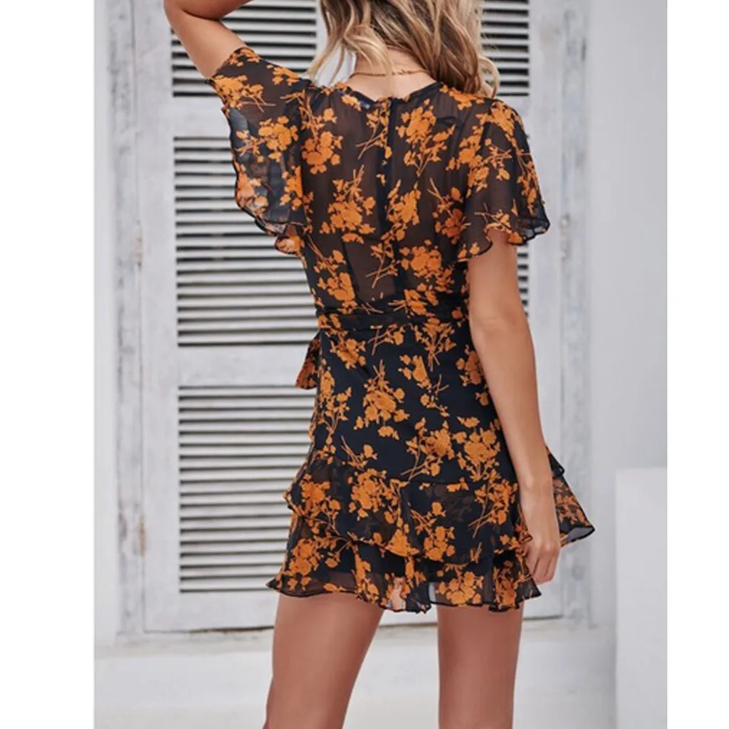 

Women's Dresses Fashion Sexy Deep V Neck Print Short Sleeve Skater Floral Mini Women Dress #30