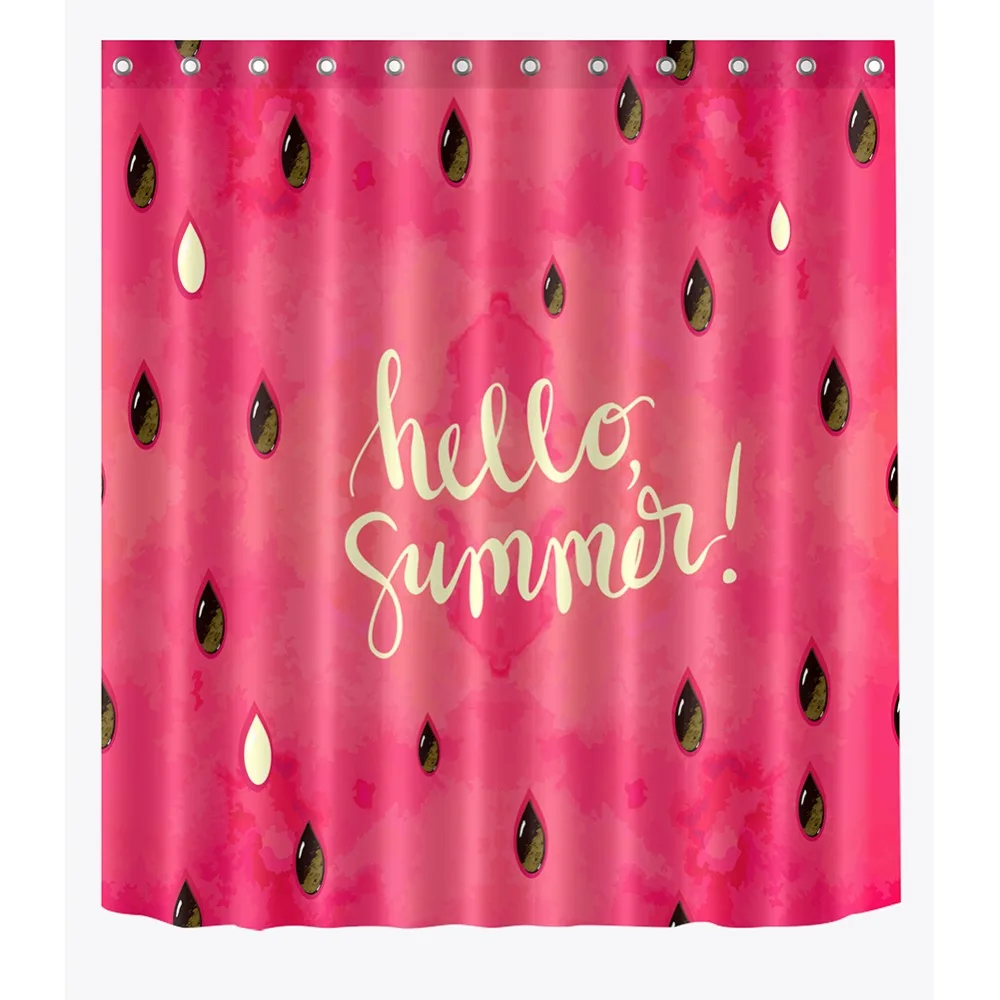 

72'' Hello Summer And Watermelon Seed In Pink Bathroom Waterproof Fabric Shower Curtain Polyester 12 Hooks Bath Accessory Sets