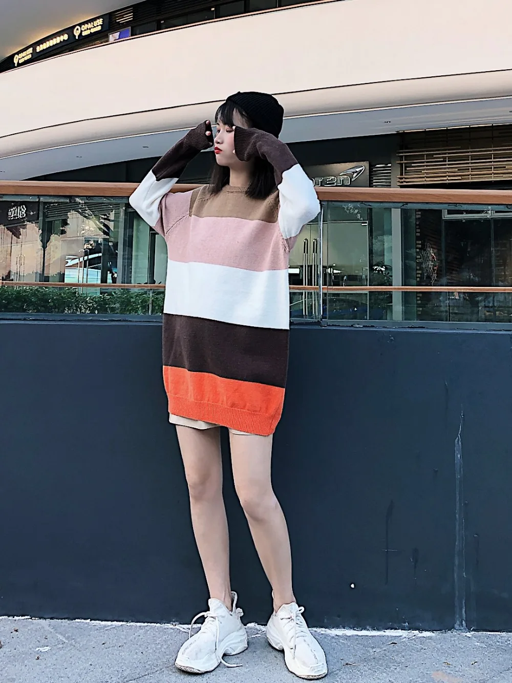 2019 new fashions for winter stylish women's wear Harbin white coloured striped net red lazy head knitted sweater | Женская одежда