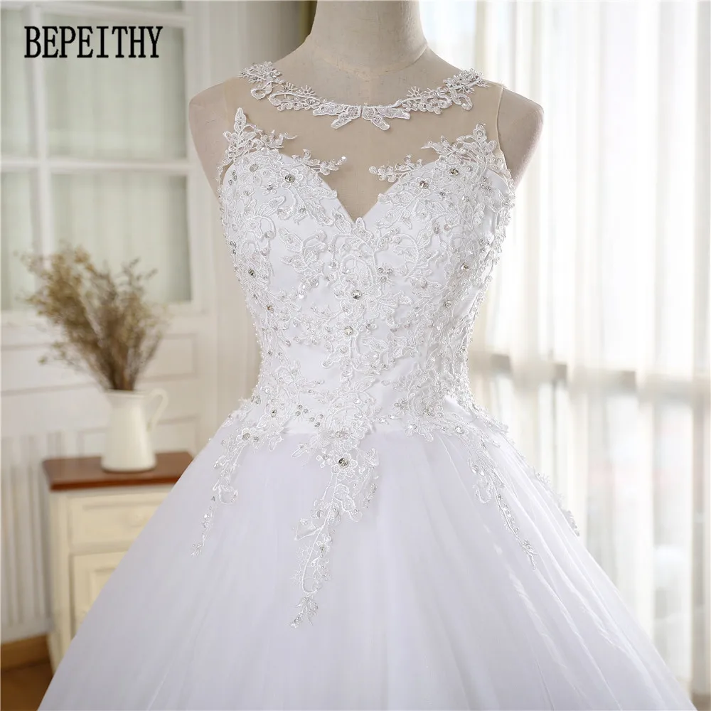BEPEITHY настоящая фотография Vestido De Noiva Дизайн Глубокий овальный благородный Кружевной Тюль Аппликации бальное платье Свадебные платья